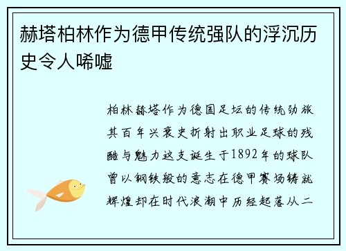 赫塔柏林作为德甲传统强队的浮沉历史令人唏嘘