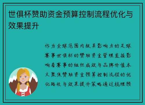 世俱杯赞助资金预算控制流程优化与效果提升